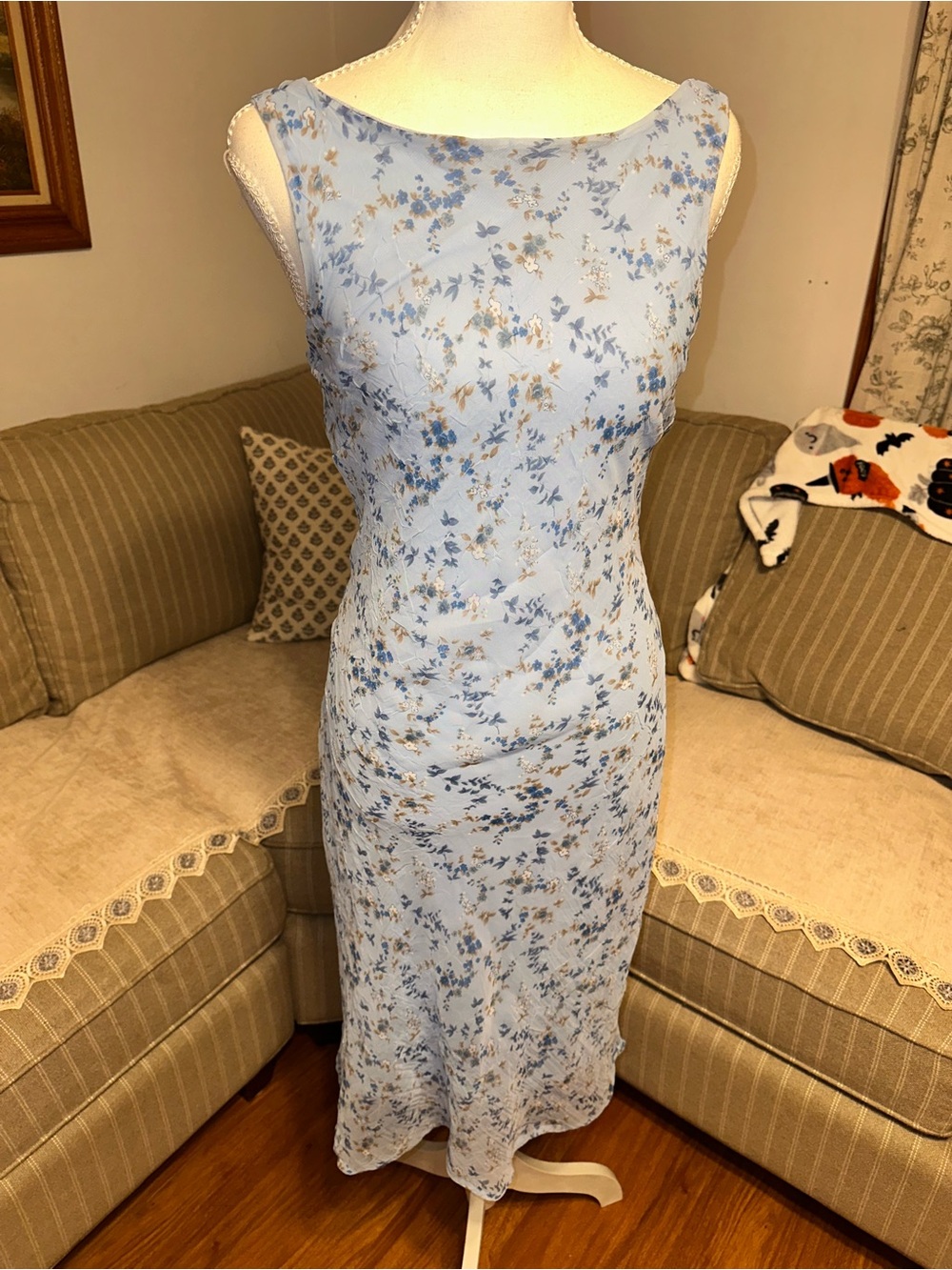 Light Blue Floral Midi Dress - Sleeveless Elegant Sheath